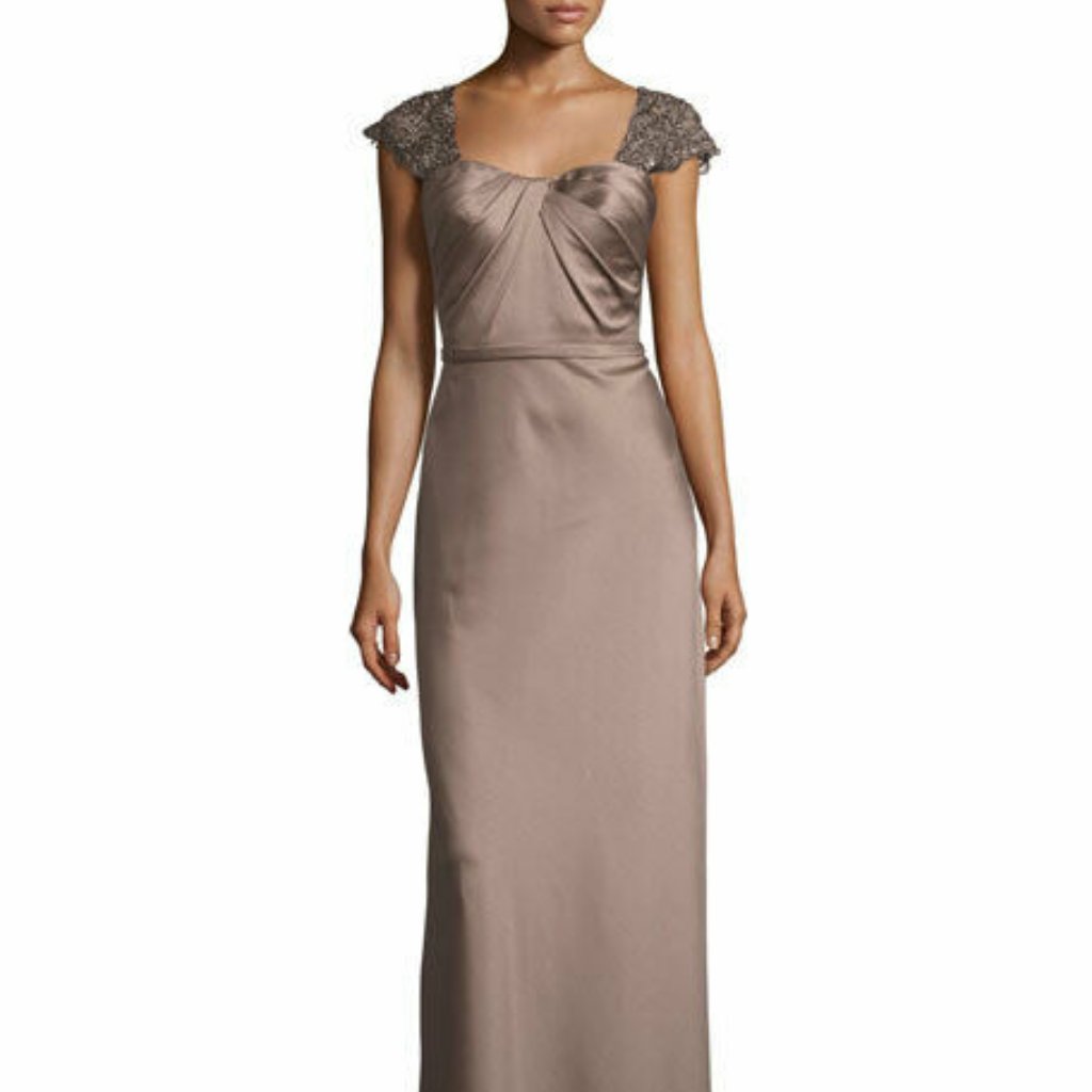 La Femme Women's Size 2 Cocoa Brown Embellished Cap-Sleeve Satin Gown